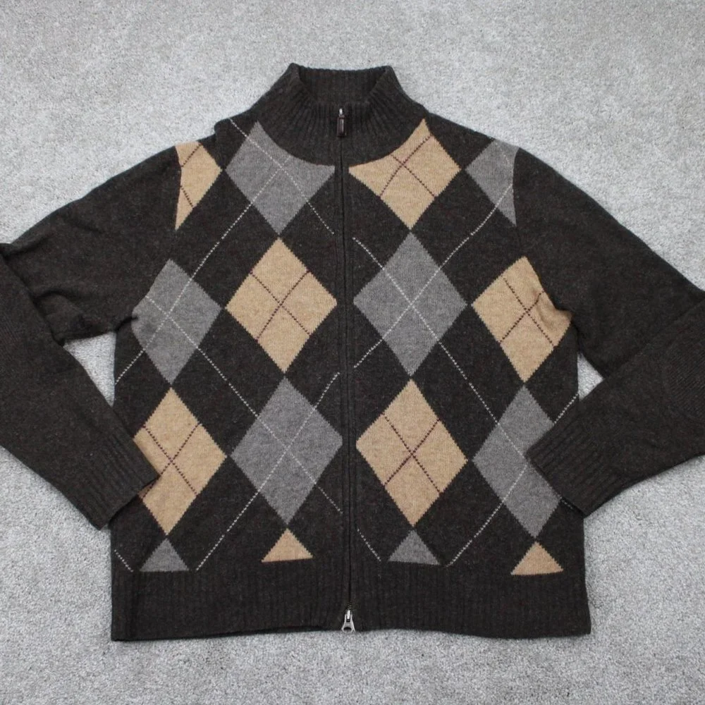 J. Crew Lambswool Sweater Mens Large Brown/Tan Argyle Full Zip L/S Sweatshirt
